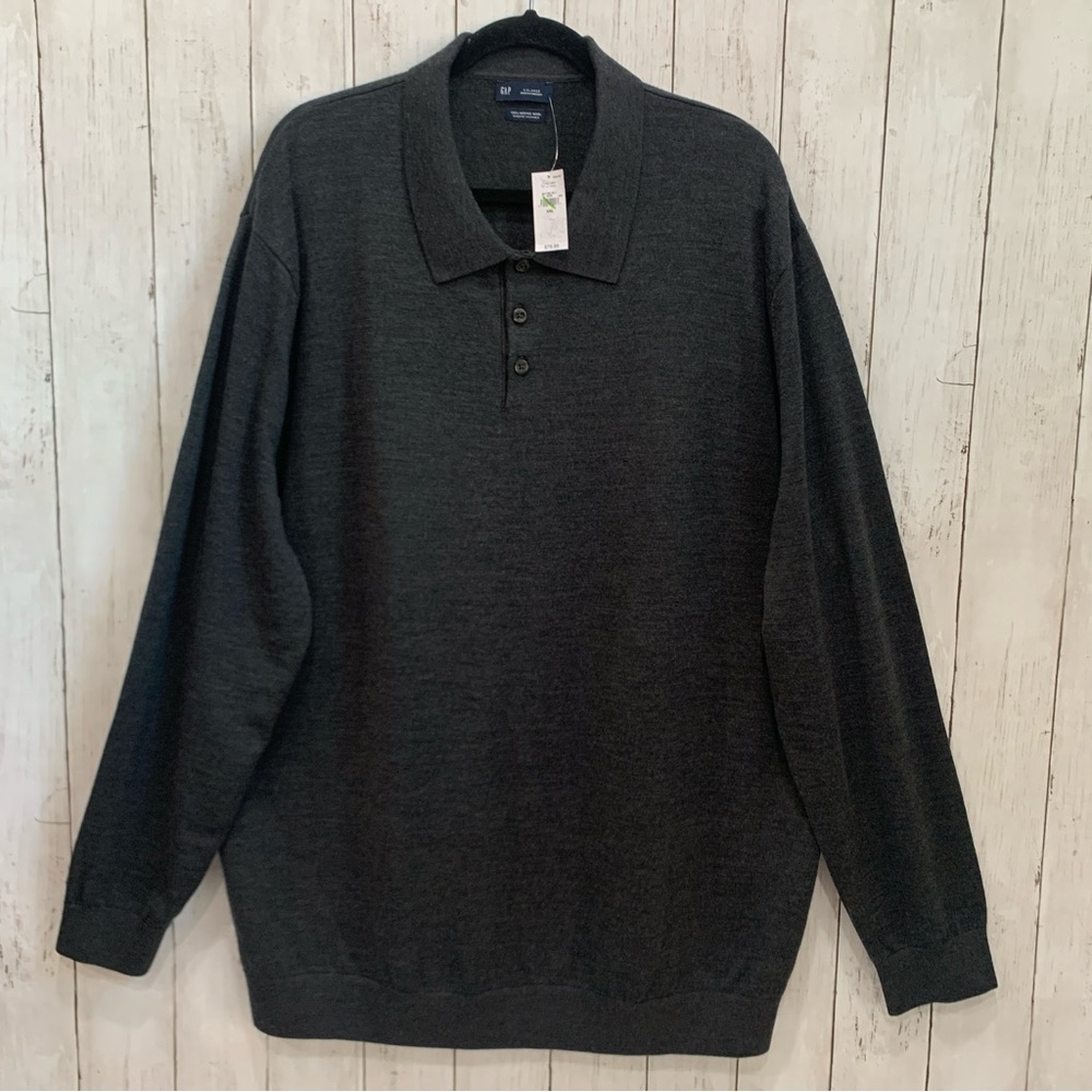 NWT Gap 100% Merino Wool Long Sleeve Polo Sweater Mens Size XXL Spread Collar